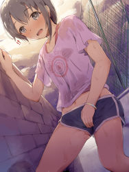 Rule 34 | !?, 1girl, black shorts, blush, brick wall, camisole, chain-link fence, cloud, cloudy sky, collarbone, commentary request, fence, grey eyes, grey hair, heavy breathing, highres, idolmaster, idolmaster cinderella girls, looking at viewer, midriff, navel, open mouth, otokura yuuki, outdoors, partially visible vulva, pink shirt, red camisole, see-through, seneto, shirt, short shorts, short sleeves, shorts, sky, solo, standing, striped camisole, sunset, sweat, upshorts, wet, wet clothes, wet shirt