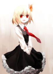 Rule 34 | 1girl, 60mai, :d, blonde hair, fang, female focus, hair ribbon, necktie, open mouth, red eyes, red necktie, ribbon, rumia, short hair, skirt, smile, solo, touhou, v arms