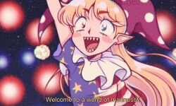 Rule 34 | 1990s (style), 1girl, american flag dress, arm up, blonde hair, blue dress, blue eyes, clownpiece, dreamysuite, dress, english text, hat, heterochromia, jester cap, long hair, neck ruff, open mouth, pointy ears, polka dot, pom pom (clothes), purple hat, red eyes, retro artstyle, sharp teeth, short sleeves, solo, star (symbol), star print, striped clothes, striped dress, teeth, touhou, very long hair, white dress