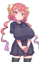 Rule 34 | 1girl, absurdres, black shirt, black thighhighs, breasts, clenched hand, closed mouth, cowboy shot, dot mouth, dragon girl, dragon horns, expressionless, gazacy (dai), highres, horns, huge breasts, ilulu (maidragon), impossible clothes, kobayashi-san chi no maidragon, large breasts, long hair, looking at viewer, own hands together, pink hair, pointy ears, red eyes, red hair, shirt, shortstack, simple background, slit pupils, solo, standing, thighhighs, twintails, white background