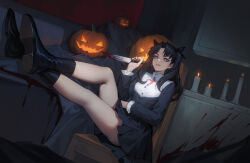 Rule 34 | 1girl, bare legs, black dress, black footwear, black hair, black nails, blood, bloody knife, blue eyes, boots, candle, chair, commentary, cross, cross print, dark persona, dress, english commentary, evil grin, evil smile, fate/stay night, fate (series), feet up, full body, grin, halloween, holding, holding knife, iamc95, indoors, jack-o&#039;-lantern, knife, latin cross, long hair, long sleeves, looking at viewer, pleated dress, sitting, smile, solo, thighs, tohsaka rin, two side up, v-shaped eyebrows