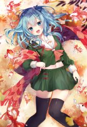 Rule 34 | 1girl, :d, black thighhighs, blue eyes, blue hair, blue ribbon, breasts, emori miku, feet out of frame, fish, ginkgo leaf, ginkgo tree, green serafuku, green skirt, hair between eyes, hair ornament, hair ribbon, hairclip, highres, holding, holding clothes, holding scarf, leaf, liver city, long hair, long sleeves, medium breasts, midriff, miniskirt, multicolored clothes, multicolored scarf, natsuki (ukiwakudasai), navel, neckerchief, one side up, open mouth, orange neckerchief, orange scarf, pleated skirt, red scarf, ribbon, sailor collar, scarf, school uniform, serafuku, skindentation, skirt, smile, solo, stomach, thighhighs, thighs, water drop, white sailor collar, zettai ryouiki