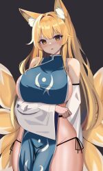 Rule 34 | 1girl, absurdres, adapted costume, alternate hair length, alternate hairstyle, animal ear fluff, animal ears, arm under breasts, bare shoulders, bikini, blush, breasts, commentary request, dark background, detached sleeves, fox ears, fox tail, grey background, groin, highres, large breasts, long hair, long sleeves, multiple tails, naked tabard, no headwear, ody kishi, parted lips, side-tie bikini bottom, sideboob, simple background, solo, swimsuit, tabard, tail, touhou, triangle mouth, very long hair, wide sleeves, yakumo ran, yellow eyes