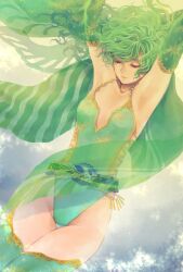 Rule 34 | 1girl, aged up, armpits, breasts, cape, closed mouth, detached sleeves, final fantasy, final fantasy iv, green hair, green leotard, hair ornament, highres, jewelry, leotard, long hair, medium breasts, rydia (ff4), small breasts, smile, solo, star (symbol), takeda yuuko, thighhighs