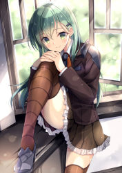 Rule 34 | 10s, 1girl, aqua eyes, aqua hair, ascot, bad id, bad pixiv id, brown skirt, brown thighhighs, frilled skirt, frills, green eyes, hair between eyes, hair ornament, hairclip, hands on own knees, highres, jacket, kantai collection, kobayashi chisato, leg lift, long hair, looking at viewer, pleated skirt, school uniform, skirt, smile, striped clothes, striped thighhighs, suzuya (kancolle), thighhighs