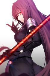 Rule 34 | 1girl, absurdres, armor, ass, bodysuit, breasts, fate/grand order, fate (series), from side, glowing, glowing eyes, highres, large breasts, long hair, looking at viewer, looking back, machimura komori, polearm, purple hair, red eyes, scathach (fate), scathach (fate), solo, spear, very long hair, weapon