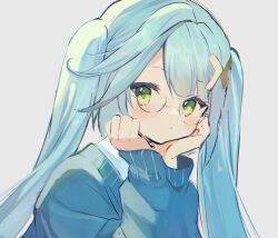 Rule 34 | 1girl, alternate costume, aqua hair, bespectacled, blue sweater, blush, closed mouth, faruzan (genshin impact), genshin impact, glasses, green eyes, grey background, hair ornament, head rest, highres, long hair, looking at viewer, momoemokoko22, simple background, solo, sweater, symbol-shaped pupils, triangle-shaped pupils, twintails, upper body, x hair ornament