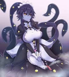 Rule 34 | 1girl, apron, black hair, black sclera, breasts, colored sclera, colored skin, eldritch abomination, extra mouth, hairband, highres, large breasts, long hair, looking at viewer, maid, maid apron, maid headdress, monster girl, monster girl encyclopedia, monster girl encyclopedia ii, ponytail, purple skin, shoggoth (monster girl encyclopedia), simple background, slime (substance), slime girl, smile, solo, tentacles, tentacles under clothes, uniform, yellow eyes, yonaga san