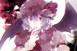 Rule 34 | 1girl, armband, ascot, bad id, bad pixiv id, bat wings, blood, blood from mouth, blue hair, bow, collar, fang, fang out, fingernails, fingers to mouth, frilled collar, frilled shirt collar, frills, hair between eyes, hat, hat bow, highres, light, long fingernails, looking at viewer, mob cap, nail polish, petals, pink nails, pink shirt, puffy short sleeves, puffy sleeves, purple eyes, red pupils, remilia scarlet, shirt, short hair, short sleeves, shuukenyuu, solo, touhou, upper body, white background, wings, wrist cuffs