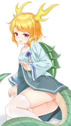 Rule 34 | 1girl, :p, absurdres, antlers, ass, blonde hair, blue ribbon, blue shirt, blue skirt, blush, breasts, clothes lift, collarbone, commentary request, dragon horns, dragon tail, feet out of frame, highres, horns, kicchou yachie, lifting own clothes, long sleeves, looking at viewer, miniskirt, pointy ears, red eyes, ribbon, shirt, short hair, sidelocks, simple background, skirt, skirt lift, small breasts, smile, solo, tail, thighhighs, thighs, tongue, tongue out, touhou, white background, white thighhighs, wide sleeves, yangshangshu