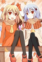Rule 34 | 2girls, :/, :d, alternate costume, ascot, autumn leaves, black legwear, blonde hair, blue hair, chiyono, fall, flandre scarlet, hair ornament, hair ribbon, hairclip, leaf, crossed legs, looking at viewer, mary janes, multiple girls, open mouth, pantyhose, red eyes, remilia scarlet, ribbon, scarf, shoes, short hair, sitting, smile, touhou