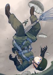 Rule 34 | 1girl, black gloves, blue eyes, blue pupils, boots, brown footwear, camouflage, camouflage pants, cloud, cloudy sky, commentary, crying, day, erica (naze1940), falling, gloves, grass, green jacket, grey sky, hair between eyes, helmet, highres, jacket, looking at viewer, military, military uniform, original, outdoors, pants, parachute, paratrooper, parted lips, sky, soldier, solo focus, uniform, upside-down, wind