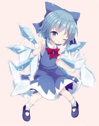 Rule 34 | 1girl, beni shake, blue bow, blue dress, blue eyes, blue hair, bow, cirno, collared shirt, detached wings, dress, fairy, fairy wings, grin, hair bow, highres, ice, ice wings, long dress, neck ribbon, pinafore dress, puffy short sleeves, puffy sleeves, red ribbon, ribbon, shirt, shoes, short hair, short sleeves, sleeveless, sleeveless dress, smile, socks, solo, strange creators of outer world, touhou, white shirt, wings