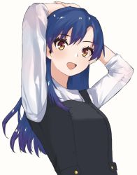 Rule 34 | 1girl, arms up, black dress, blue hair, brown eyes, commentary, dress, hands on own head, highres, idolmaster, idolmaster (classic), kisaragi chihaya, long hair, long sleeves, looking at viewer, open mouth, shirt, simple background, smile, solo, upper body, white background, white shirt, zono (inokura syuzo029)