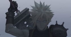 Rule 34 | 2boys, absurdres, armor, black gloves, blonde hair, blue eyes, buster sword, cloud strife, dododo, final fantasy, final fantasy vii, final fantasy vii remake, gloves, grey background, grey hair, highres, holding, holding sword, holding weapon, looking at viewer, male focus, multiple boys, parted bangs, reflection, sephiroth, short hair, shoulder armor, single bare shoulder, sleeveless, sleeveless turtleneck, spiked hair, suspenders, sword, turtleneck, upper body, weapon, weapon on back