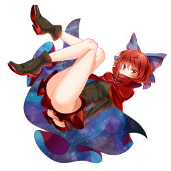 Rule 34 | 1girl, arms behind back, ass, blush, bobomaster, boots, bottomless, bow, cape, dress, hair bow, highres, long sleeves, no panties, nukekubi, own hands clasped, own hands together, red eyes, red hair, sekibanki, short hair, solo, touhou