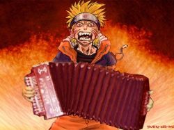 Rule 34 | 1boy, accordion, angry, blonde hair, fangs, fire, headband, instrument, male focus, naruto, naruto (series), ninja, power-up, red eyes, solo, striped, sven stoffels, third-party edit, uzumaki naruto, what