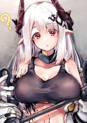 Rule 34 | 1girl, ?, arknights, bare shoulders, black gloves, black tank top, blush, breasts, choker, cleavage, confused, gloves, grey hair, hair ornament, hairclip, head tilt, highres, horns, jacket, large breasts, long hair, looking at viewer, midriff, mudrock (arknights), mudrock (elite ii) (arknights), navel, off shoulder, open clothes, open jacket, parted lips, raised eyebrows, red eyes, solo, tank top, white jacket, yuki kawachi