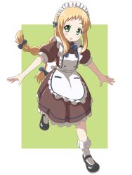 Rule 34 | 1girl, absurdres, alternate costume, alternate hairstyle, apron, blonde hair, blue bow, blush, bobby socks, border, bow, braid, dot nose, female focus, full body, green eyes, hair bow, hair ornament, highres, inose mai, koisuru asteroid, long hair, looking at viewer, maid, maid apron, maid headdress, nanog eb1994, open mouth, outstretched arms, shoes, simple background, socks, solo, standing, standing on one leg, twin braids, white border