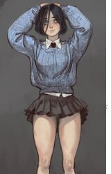 Rule 34 | 1girl, arms up, black hair, black necktie, black skirt, blue sweater, closed mouth, collared shirt, frankie (the fox came from the woods), grey eyes, highres, miniskirt, mossacannibalis, necktie, pleated skirt, shirt, short hair, skirt, smile, solo, sweater, the fox came from the woods, white shirt