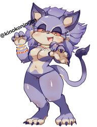 Rule 34 | 1girl, alternate form, animal ears, animal hands, armlet, bracelet, breasts, cat ears, cat girl, cat tail, chibi, claws, colored sclera, curvy, earrings, eyelashes, fangs, furry, half-closed eyes, highres, isabella (seiken densetsu 3), jewelry, kinokoningen, large breasts, looking at viewer, necklace, no nipples, no pussy, nude, open mouth, purple fur, purple hair, red sclera, seiken densetsu, seiken densetsu 3, slit pupils, smile, tail, thick thighs, thighs, white background, wide hips