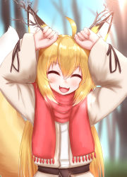 Rule 34 | 1girl, :3, :d, ahoge, animal ear fluff, animal ears, antlers, arms up, beige dress, blonde hair, blurry, blurry background, blush, breath, closed eyes, fang, fox ears, fox girl, fox tail, hair between eyes, highres, holding, holding stick, horns, horokusa (korai), korai (horokusa), long hair, long sleeves, open mouth, original, red scarf, scarf, smile, solo, standing, stick, tail, tail raised, upper body, wide sleeves
