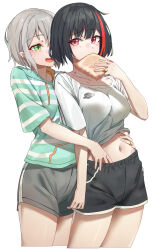 Rule 34 | 2girls, absurdres, aoba moca, bang dream!, black hair, blush, bob cut, bread, bread slice, casual, chone, clothes lift, collarbone, couple, covered mouth, eating, food, gold ring, green eyes, green hoodie, grey hair, gym shorts, hand in another&#039;s pants, hickey, highres, hood, hoodie, hug, hug from behind, jewelry, mitake ran, multicolored hair, multiple girls, navel, open mouth, red hair, ring, shirt, shirt lift, short hair, shorts, sidelocks, simple background, smile, streaked hair, striped clothes, striped hoodie, t-shirt, toast, wedding ring, white shirt, wife and wife, yuri