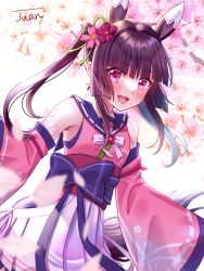 Rule 34 | 1girl, :d, blunt bangs, blush, brown hair, cherry blossoms, detached sleeves, floating hair, flower, hair flower, hair intakes, hair ornament, hakama, hakama skirt, highres, japanese clothes, juan 0121, kimono, long hair, long sleeves, open mouth, pink eyes, pink flower, pink kimono, pink sleeves, purple sailor collar, red flower, ribbon, sailor collar, senki zesshou symphogear, skirt, sleeveless, sleeveless kimono, smile, solo, tsukuyomi shirabe, twintails, white hakama, white ribbon, wide sleeves