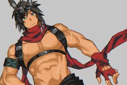 Rule 34 | 1boy, abs, animal ears, arknights, bara, bare shoulders, blue eyes, blush, chest harness, courier (arknights), courier (elite ii) (arknights), fingerless gloves, fox ears, gloves, goggles, goggles on head, grey background, harness, highres, large pectorals, male focus, muscular, navel, no nipples, pectorals, red scarf, sagami jon, scarf, short hair, sleeveless, solo, tight clothes, topless male, upper body