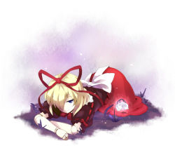 Rule 34 | 1girl, ass, blonde hair, blue eyes, crossed arms, doll joints, dress, expressionless, female focus, full body, hair ribbon, joints, kiji (manekinuko-tei), lying, medicine melancholy, on stomach, red dress, red ribbon, ribbon, short hair, solo, touhou