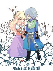 Rule 34 | 1boy, 1girl, armor, belt, blonde hair, blue eyes, blue hair, boots, braid, claire bennett, copyright name, dress, closed eyes, frills, gloves, long hair, pants, ribbon, shoes, smile, tales of (series), tales of rebirth, veigue lungberg