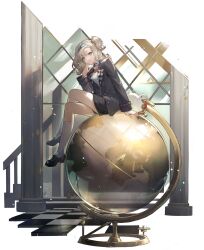 Rule 34 | 1girl, black footwear, black jacket, blonde hair, blue eyes, blue hairband, buttons, checkered floor, crossed legs, full body, globe, gold trim, grey shorts, hairband, hand up, highres, jacket, long hair, long sleeves, looking at viewer, matilda bouanich, official art, one side up, reverse:1999, shoes, shorts, sitting, socks, solo, third-party source, white socks, window, wing collar