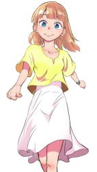 Rule 34 | 1girl, blue eyes, bracelet, character request, clenched hands, collarbone, cowboy shot, dress, eyebrows, highres, jewelry, looking at viewer, nakahara kaihei, nakahara keihei, shirt, smile, solo, walking, white background, white dress, yellow shirt