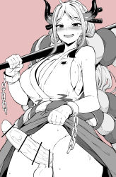 Rule 34 | 1girl, absurdres, bar censor, blush, breasts, censored, clothes lift, cuffs, futanari, futanari, hakama, hakama lift, high ponytail, highres, horns, huge breasts, japanese clothes, large penis, long hair, looking at viewer, makin tama, one piece, open mouth, penis, pointless censoring, shackles, solo, testicles, yamato (one piece)