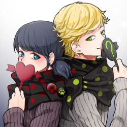 Rule 34 | 1boy, 1girl, ?, adrien agreste, all lovely of anime, arrow through heart, back-to-back, badge, black hair, black scarf, blonde hair, blue eyes, blush, button badge, covered mouth, covering own mouth, earrings, from side, gradient background, green eyes, holding, jewelry, long sleeves, looking at viewer, low ponytail, marinette dupain-cheng, matching outfits, miraculous ladybug, paw print, polka dot, polka dot scarf, ribbed sweater, scarf, shared clothes, shared scarf, side ponytail, smile, stud earrings, sweater, upper body
