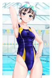 Rule 34 | 1girl, absurdres, armpits, black hair, blue eyes, blue one-piece swimsuit, breasts, clock, clothes writing, competition swimsuit, covered navel, goggles, goggles on head, groin, hand on own hip, highres, indoors, lane line, one-piece swimsuit, original, pool, presenting armpit, small breasts, solo, string of flags, swim cap, swimsuit, takafumi, white headwear