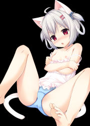 Rule 34 | &gt;:o, 1girl, :o, absurdres, ahoge, animal ears, bare arms, bare legs, bare shoulders, barefoot, black background, blue panties, blush, breasts, camisole, cat ears, cat tail, collarbone, crossed arms, eyebrows, fang, feet, hair ornament, hairclip, head tilt, highres, looking at viewer, nipples, off shoulder, open mouth, panties, red eyes, sakuraba hikaru (loveindog), scrunchie, short hair, silver hair, simple background, small breasts, soles, solo, strap slip, tail, toes, two side up, underwear, v-shaped eyebrows