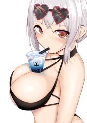Rule 34 | 1girl, absurdres, ashita no sakuya, ass, azur lane, between breasts, blush, breasts, brown eyes, bubble tea challenge, cleavage, collarbone, drinking, drinking straw, ears, heart (symbol), highres, large breasts, object on breast, short hair, sidelocks, simple background, sirius (azur lane), solo, standing, sunglasses, swimsuit, upper body, white background, white hair