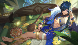 Rule 34 | 1boy, abs, absurdres, antenna hair, arabian clothes, barefoot, bed, black nails, black shirt, blue eyes, blue gemstone, blue hair, blurry, blurry foreground, braid, bug, chalice, closed mouth, coin, commentary request, covered collarbone, crop top, crystalfly (genshin impact), cup, dark-skinned male, dark skin, earrings, eyepatch, feet, fingernails, frilled sleeves, frills, gem, genshin impact, gold trim, hair between eyes, hair over shoulder, highres, indoors, jewelry, kaeya (genshin impact), kaeya (sailwind shadow) (genshin impact), lantern, light particles, long hair, long sleeves, looking at viewer, male focus, mora (genshin impact), multicolored hair, nail polish, nightstand, official alternate costume, on bed, one eye covered, parted bangs, pectorals, pillow, pitcher (container), plant, puffy long sleeves, puffy sleeves, recycled, shirt, sidelocks, single braid, single earring, sitting, sleeveless, sleeveless shirt, smile, solo, stained glass, streaked hair, swept bangs, thighlet, toes, tray, v-shaped eyebrows, window