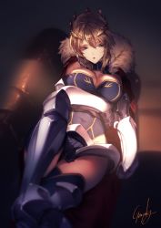 Rule 34 | 1girl, arm under breasts, armor, armored boots, artoria pendragon (fate), artoria pendragon (lancer) (fate), blonde hair, blue dress, blue legwear, boots, breasts, cape, cleavage, commentary, crown, dress, fate/grand order, fate (series), faulds, fur-trimmed cape, fur trim, gauntlets, genyaky, green eyes, hair between eyes, large breasts, leg armor, open mouth, red cape, signature, sitting, solo, thighs