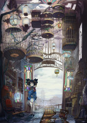 Rule 34 | 1girl, architecture, bird, birdcage, black hair, blue eyes, blush, broken plate, cage, chair, east asian architecture, graphite (medium), hand fan, highres, holding, holding lantern, indoors, lantern, looking at viewer, original, plate, remosse512, scarf, scenery, shaded face, short hair, smile, solo, standing, traditional media, unworn scarf
