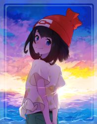 Rule 34 | 1girl, beanie, black hair, blue eyes, closed mouth, cloud, creatures (company), from behind, game freak, hat, highres, looking back, miu (miuuu 721), nintendo, outdoors, pokemon, pokemon sm, red hat, selene (pokemon), shirt, short hair, short sleeves, signature, sky, smile, solo, tied shirt, water