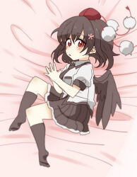 Rule 34 | 1girl, bed sheet, black hair, black necktie, black skirt, black socks, black wings, blush, breasts, collared shirt, commentary request, feathered wings, flower, hair between eyes, hair flower, hair ornament, hat, highres, kneehighs, lying, necktie, no shoes, on side, parted lips, pink flower, pleated skirt, puffy short sleeves, puffy sleeves, red eyes, red hat, shameimaru aya, shirt, short sleeves, skirt, small breasts, socks, soles, solo, steepled fingers, tokin hat, totoharu (kujirai minato), touhou, white shirt, wings