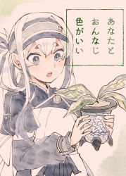 Rule 34 | 1girl, ainu clothes, bandana, blue eyes, cowboy shot, cropped jacket, folded ponytail, headband, itomugi-kun, kamoi (kancolle), kantai collection, open mouth, plant, remodel (kantai collection), sidelocks, simple background, solo, teeth, thick eyebrows, translation request, upper teeth only, vase, white hair, wrist guards
