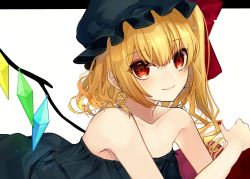 Rule 34 | 1girl, alternate costume, bad id, bad twitter id, bare arms, bare shoulders, black dress, black hat, blonde hair, bow, collarbone, commentary, crystal, daimaou ruaeru, dress, earrings, english commentary, flandre scarlet, hat, hat bow, highres, jewelry, looking at viewer, lying, mob cap, nail polish, on stomach, red bow, red eyes, red nails, short hair, side ponytail, simple background, smile, solo, star (symbol), strapless, strapless dress, touhou, white background, wings