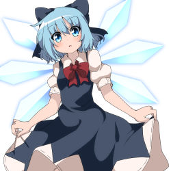 Rule 34 | 1girl, blue bow, blue eyes, blue hair, blush, bow, cirno, cowboy shot, do (4-rt), hair between eyes, hair bow, highres, ice, ice wings, looking at viewer, looking down, open mouth, puffy short sleeves, puffy sleeves, red neckwear, short hair, short sleeves, simple background, skirt hold, solo, touhou, white background, wings