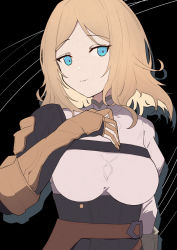 Rule 34 | 1girl, black background, blue eyes, breasts, brown gloves, closed mouth, elbow gloves, gloves, grace (granblue fantasy), granblue fantasy, highres, light brown hair, long hair, looking at viewer, medium breasts, parted bangs, shirt, smile, solo, uneg, white shirt