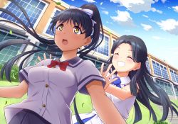 Rule 34 | 2girls, black hair, breasts, building, closed eyes, cloud, cloudy sky, commentary request, falling leaves, half updo, hazuki hana, hazuki ren, leaf, long hair, love live!, love live! superstar!!, medium breasts, mother and daughter, multiple girls, outdoors, ponytail, pushing, qy73, school, sky, yellow eyes