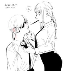 Rule 34 | 2girls, ass grab, bad id, bad twitter id, black eyes, black necktie, black pants, blush, braid, braided ponytail, breasts, business suit, chainsaw man, collared shirt, couple, dated, ear blush, expressionless, eyepatch, food, formal, han csm, hand on another&#039;s ass, hand on another&#039;s chin, hand on own ass, highres, imminent kiss, long hair, looking at another, makima (chainsaw man), medium breasts, monochrome, multiple girls, neck blush, necktie, necktie grab, neckwear grab, nose blush, office lady, pants, pocky, pocky kiss, ponytail, quanxi (chainsaw man), ringed eyes, serious, shared food, shirt, shirt tucked in, sitting, suit, white shirt, wife and wife, yuri