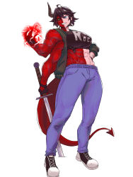 Rule 34 | abs, crop top, demon girl, demon horns, demon tail, extra arms, highres, horns, jacket, minew, mismatched pupils, mismatched sclera, multiple scars, muscular, muscular female, open clothes, open jacket, original, red lightning, scar, tail